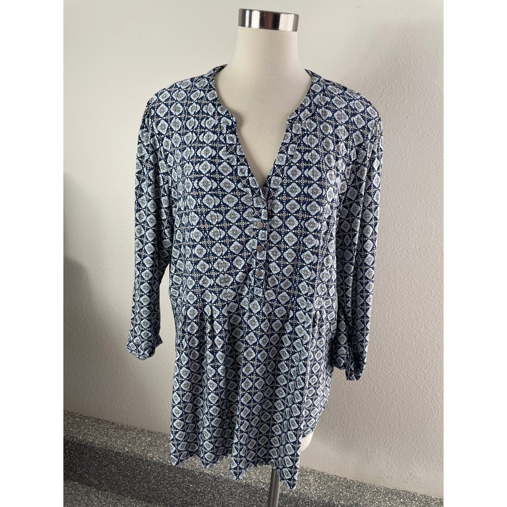 Westport Womens Plus 2X Medallion Tile Print Blouse Tunic Top Roll Tab Sleeve